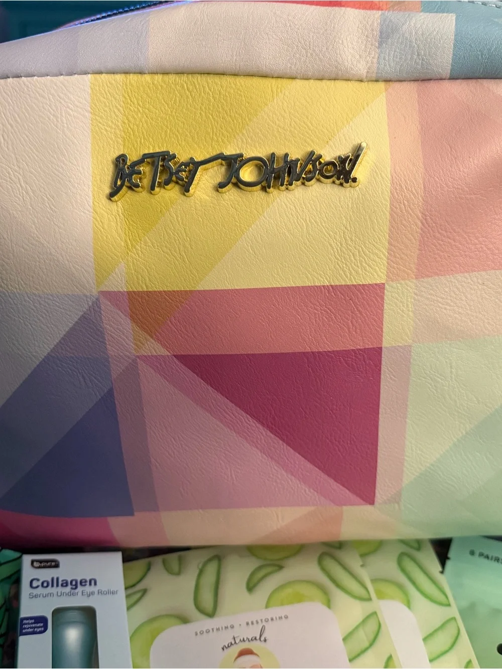 Betsey Johnson Pastel Geometric Cosmetic Pouch - Pink, Yellow, Blue, Purple